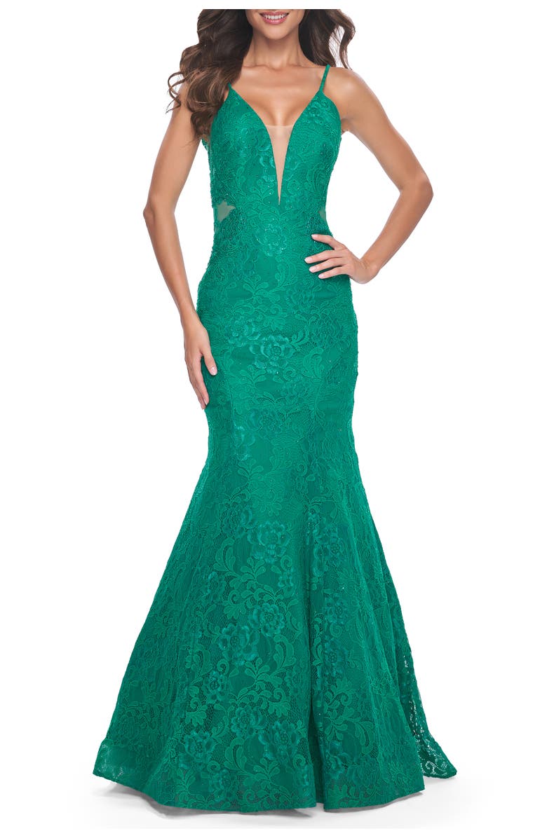 La Femme Long Mermaid Lace Dress with Back Rhinestone Detail, Main, color, Jade