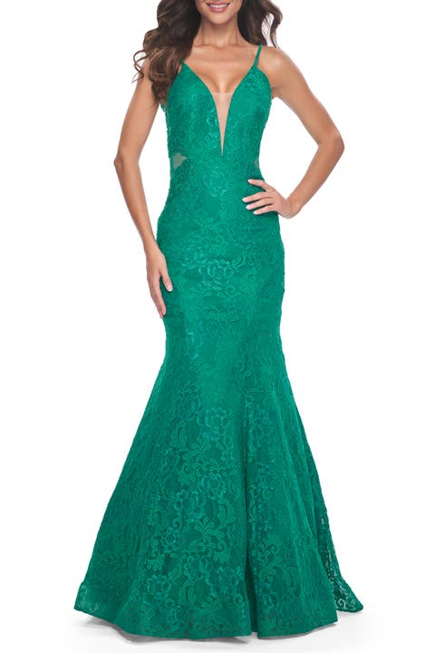 Long Mermaid Lace Dress with Back Rhinestone Detail