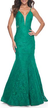 La Femme Long Mermaid Lace Dress with Back Rhinestone Detail