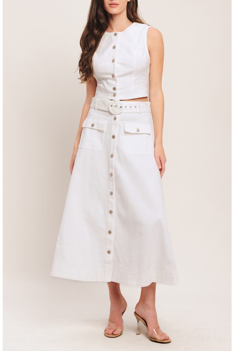 Belted Button Front Denim Midi Skirt, Alternate, color, WHITE DENIM
