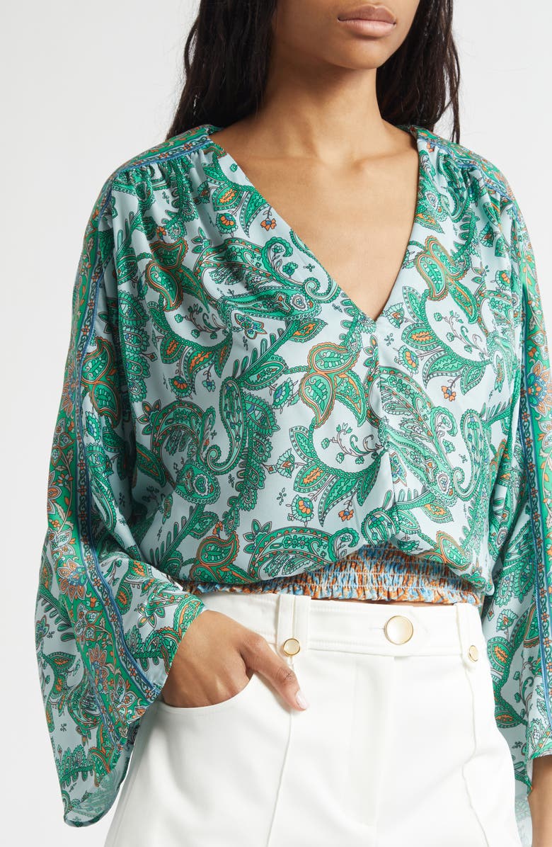 Ramy Brook Trisha Paisley Deep V-Neck Top, Alternate, color, Bright Palm Patchwork