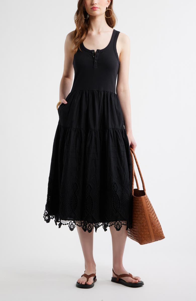 Treasure & Bond Embroidered Mixed Media Henley Tank Dress, Alternate, color, Black