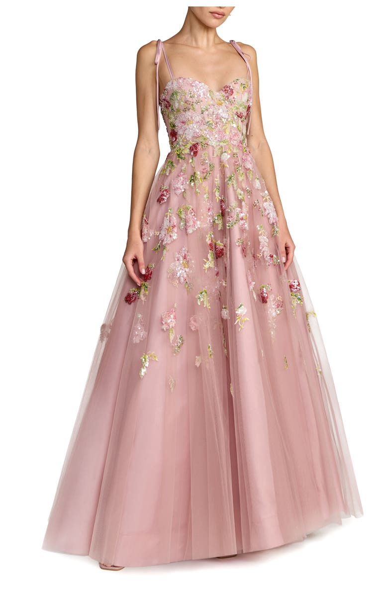 Mac Duggal Floral Embellished Tulle Ballgown, Main, color, Mocha