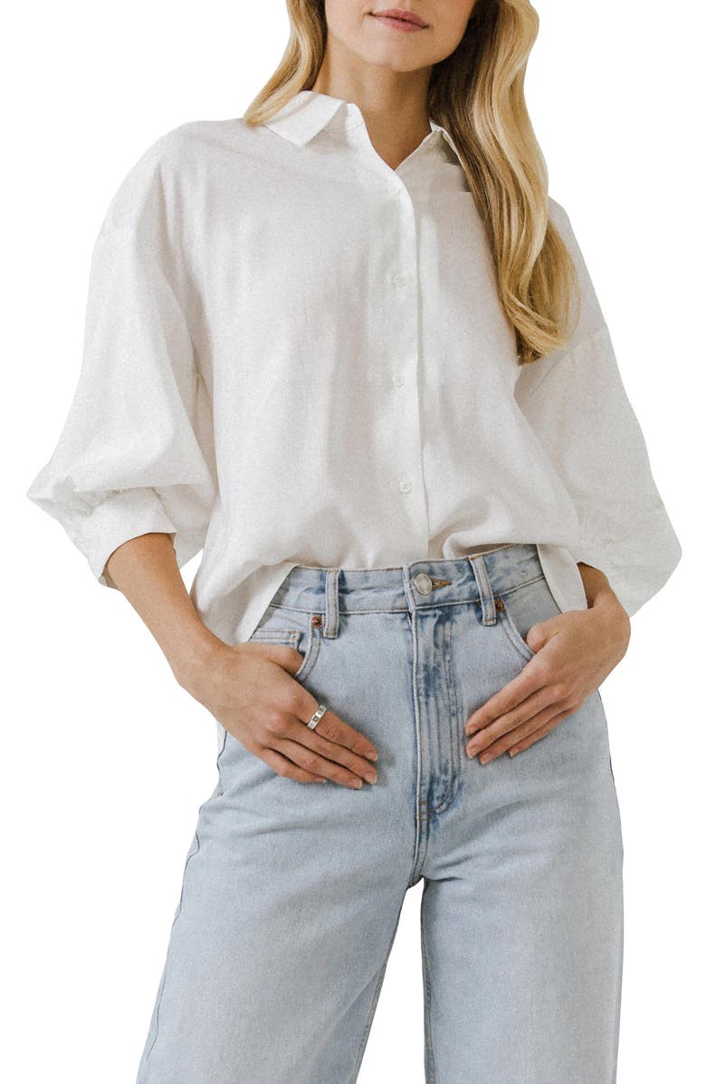 English Factory Balloon Sleeve Button-Up Shirt, Alternate, color, White