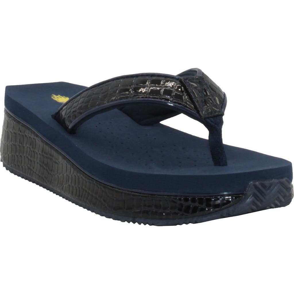Volatile 'mini Croco' Wedge Sandal In Navy