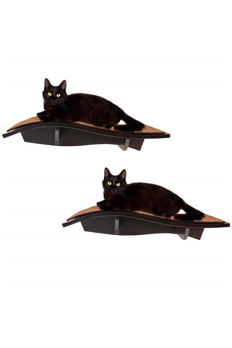 Cat Shelf, Wall-Mounted Curved Wooden Cat Perch - Holds Cats Up to 44 Lb, Main, color, Brown