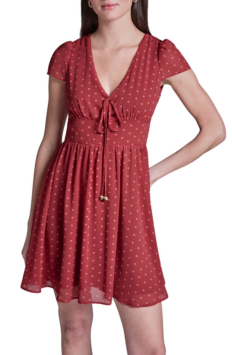 BCBG Polka Dot Short Sleeve Woven Dress, Alternate, color, Toscana Clay.bellini Blush