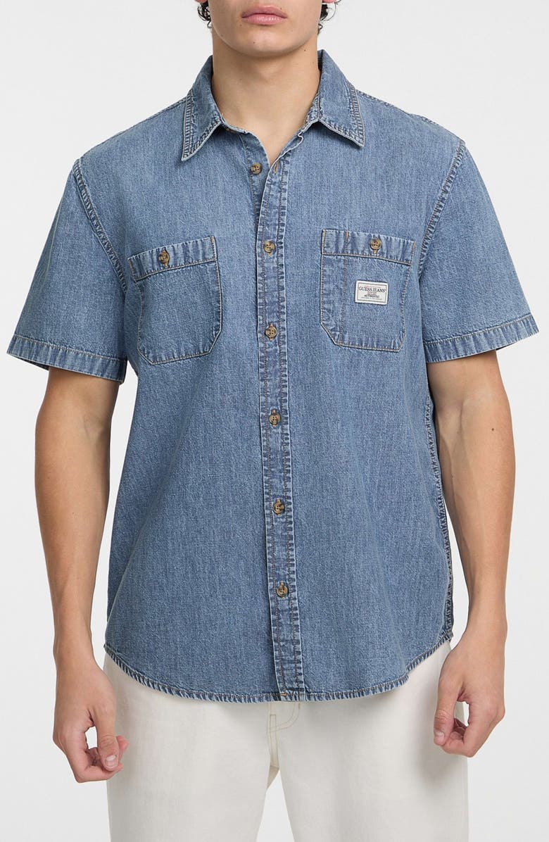 GUESS JEANS Short Sleeve Cotton Denim Button-Up Shirt, Main, color, Medium Wash