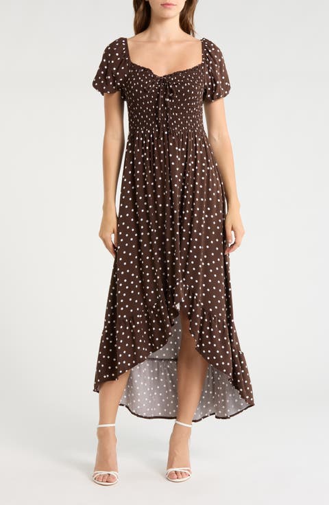 Smocked Puff Sleeve High-Low Midi Dress