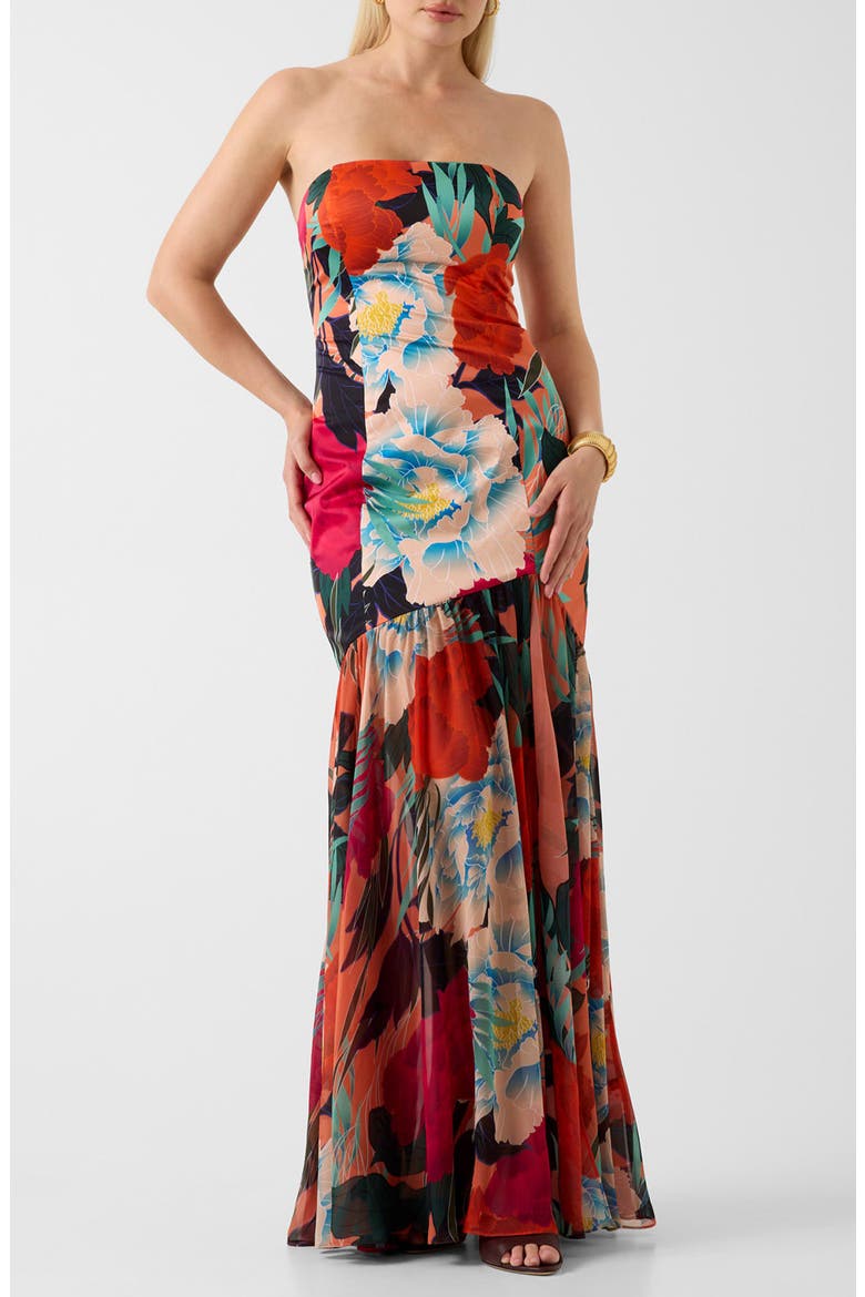 Roma Print Strapless Gown, Main, color, RED MULTI