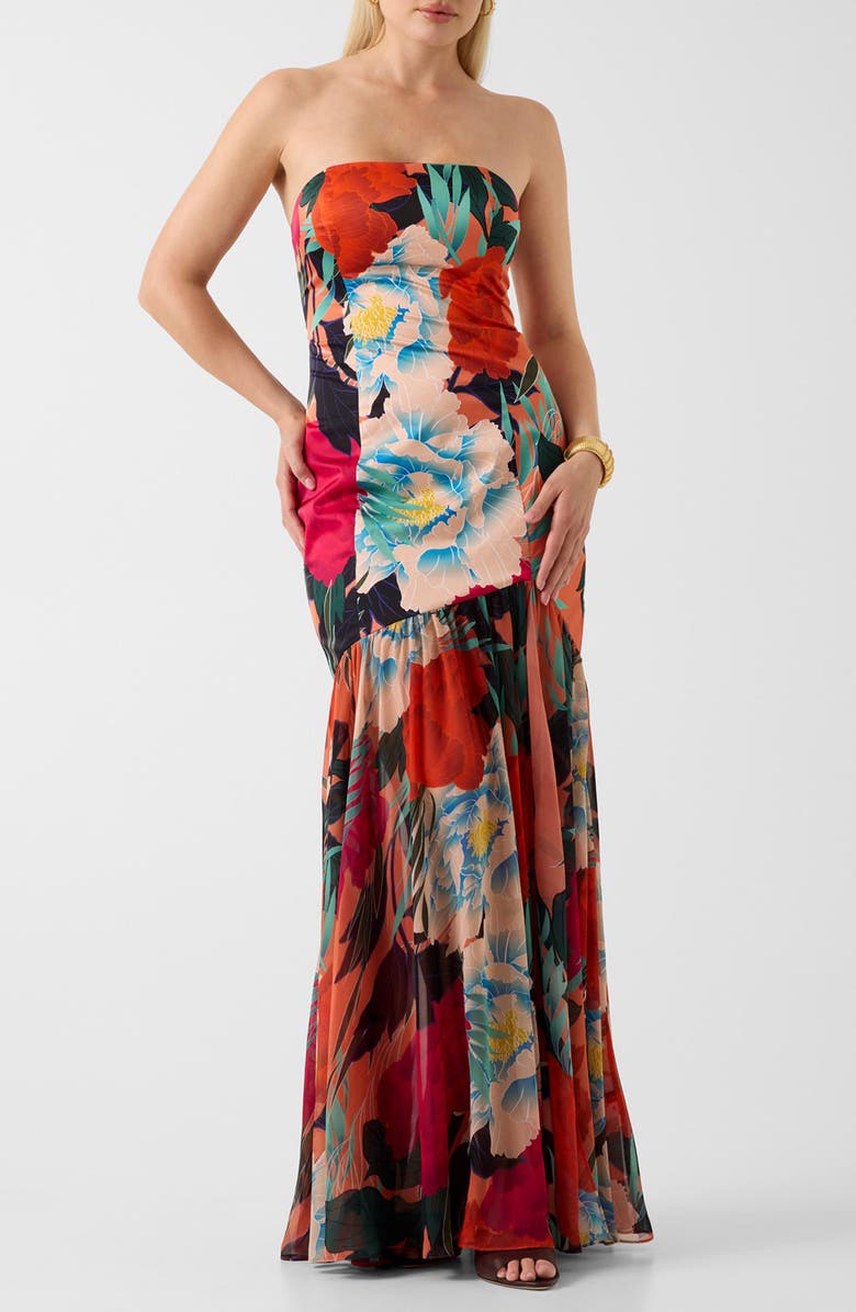 Marciano Roma Print Strapless Gown, Main, color, Red Multi