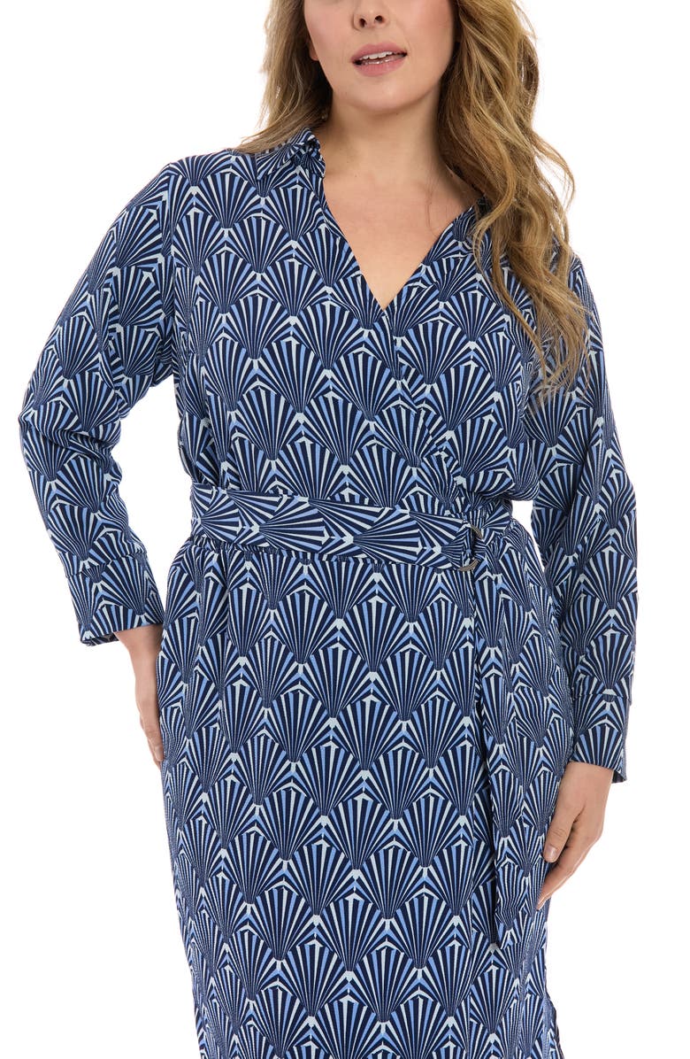 London Times Collar Faux Wrap Midi Dress, Alternate, color, Blue Multi
