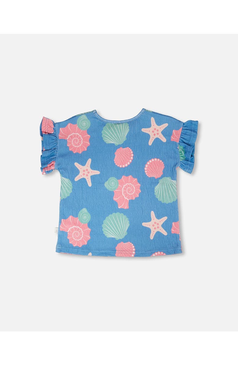 Deux par Deux Crinkle Jersey Flutter Sleeves Shell T-Shirt, Alternate, color, Blue Seashell Print