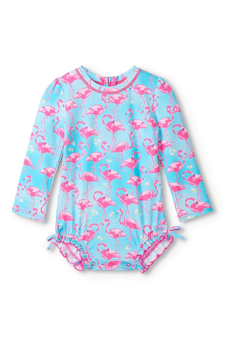 Whimsical Flamingos Long Sleeve One-Piece Rashguard Swimsuit, Main, color, BLUE