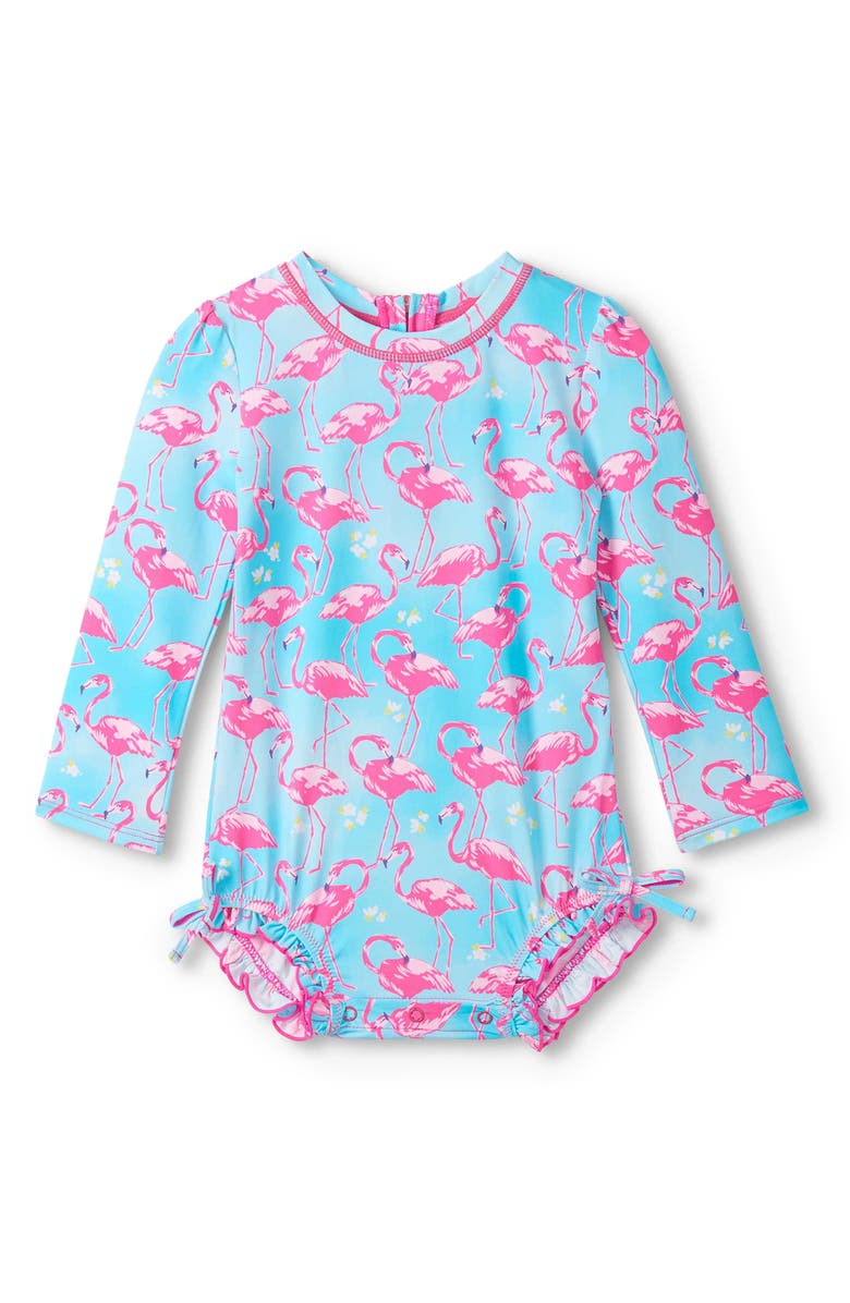 Hatley Whimsical Flamingos Long Sleeve One-Piece Rashguard Swimsuit, Main, color, Blue