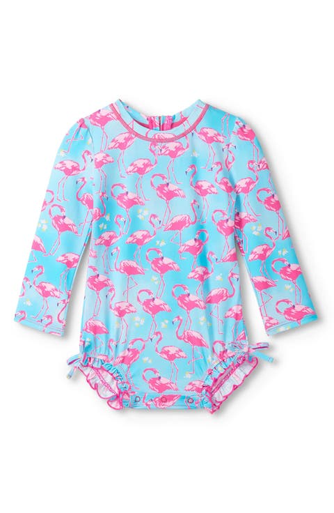 Whimsical Flamingos Long Sleeve One-Piece Rashguard Swimsuit (Baby)
