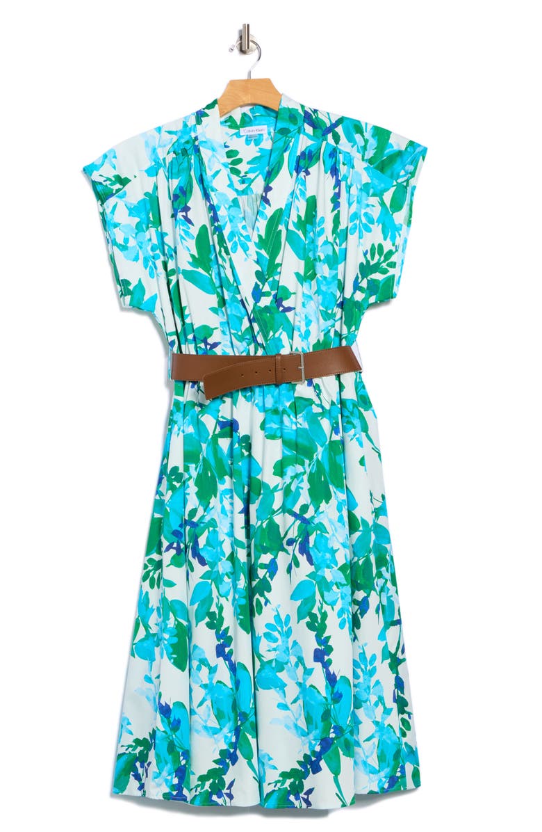 Calvin Klein Belted Stretch Cotton Midi Dress, Alternate, color, Kelly Multi