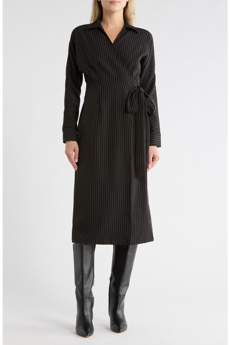 Cass Pinstripe Long Sleeve Wrap Dress, Main, color, BLACK PINSTRIPE