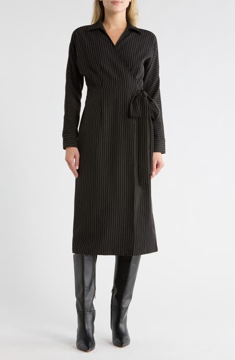Cass Pinstripe Long Sleeve Wrap Dress