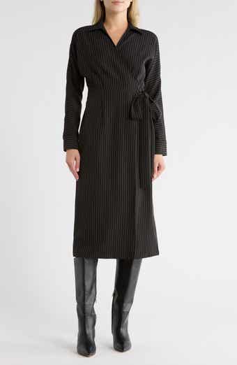 AREA STARS Cass Pinstripe Long Sleeve Wrap Dress