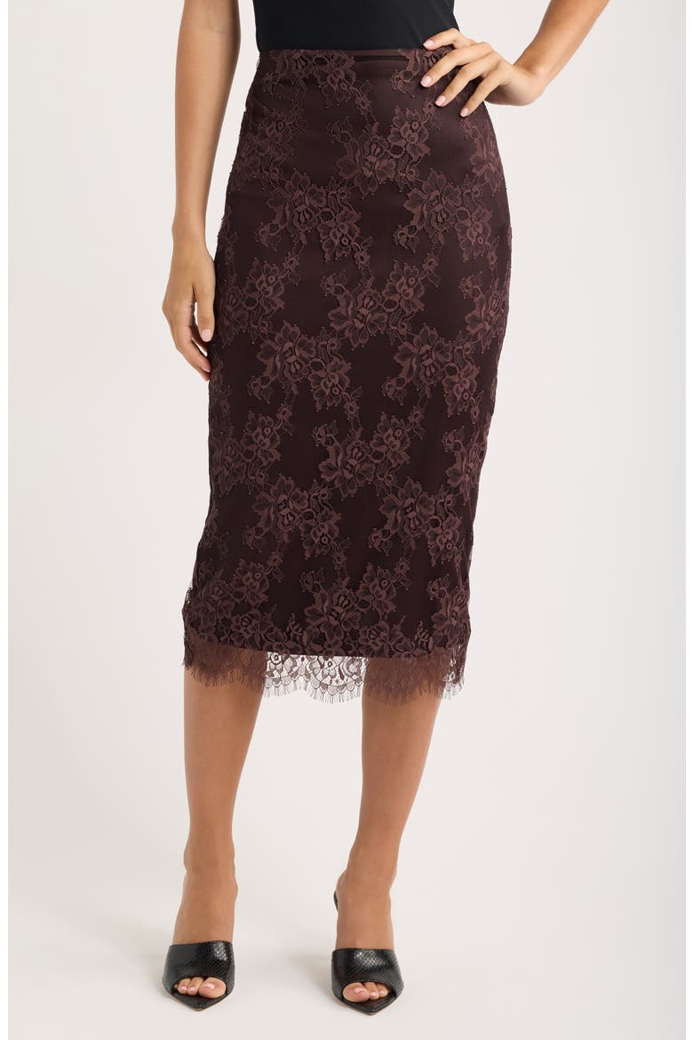 Serelle Floral Lace Overlay Midi Skirt, Main, color, CHOCOLATE BROWN