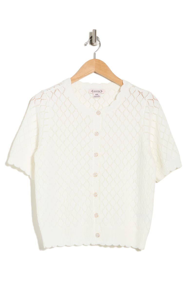 Nanette Lepore Pointelle Short Sleeve Cardigan, Alternate, color, Brilliant White
