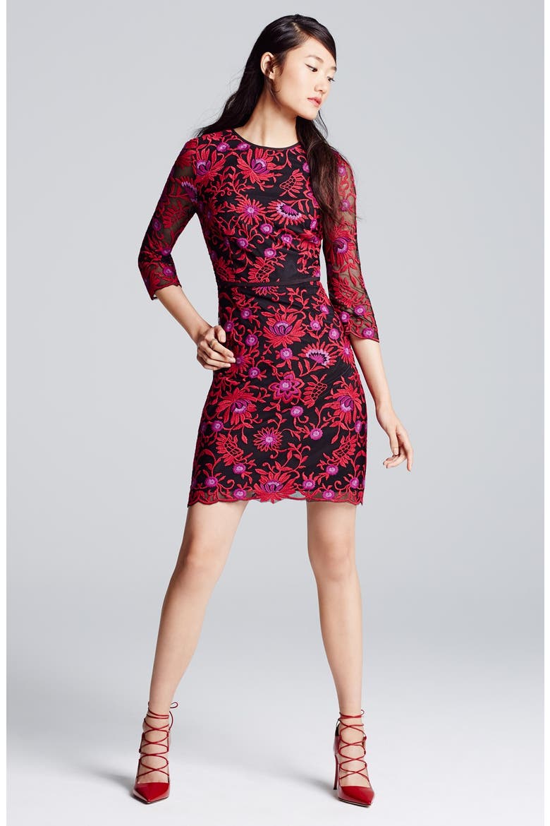 Embroidered Mesh Fit & Flare Dress, Alternate, color, RED MULTI