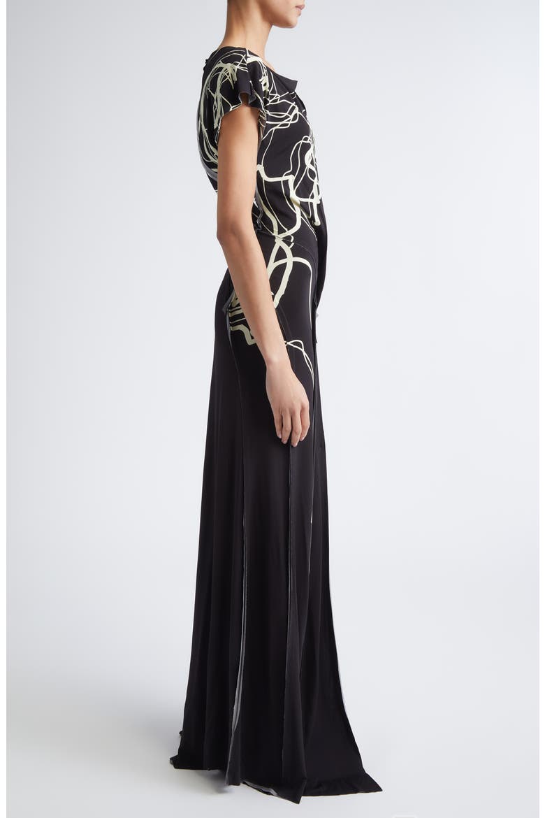 Scribble Floral Print Jersey Gown, Alternate, color, BLACK/ CHALK