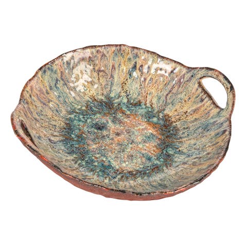 Round Stoneware Bowl with Handles, Multicolor