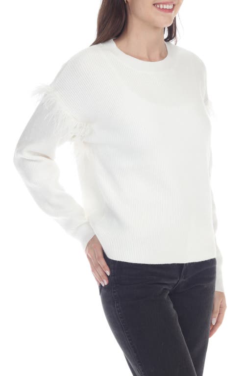 Rain And Rose Feather Trim Crewneck Sweater In White
