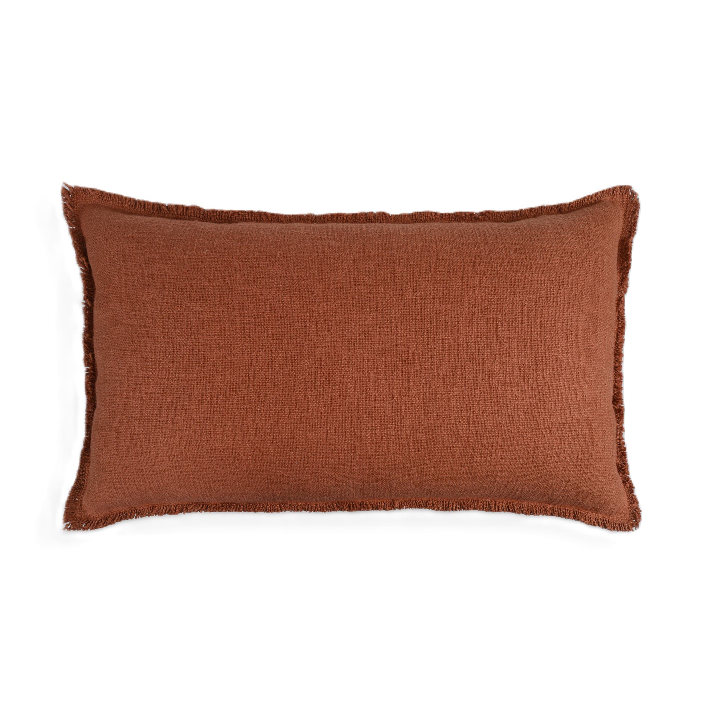 Naki & Ssam Organic Chic Solid Lumbar Pillow Cover with Frayed Edges in Potter's Clay Red 