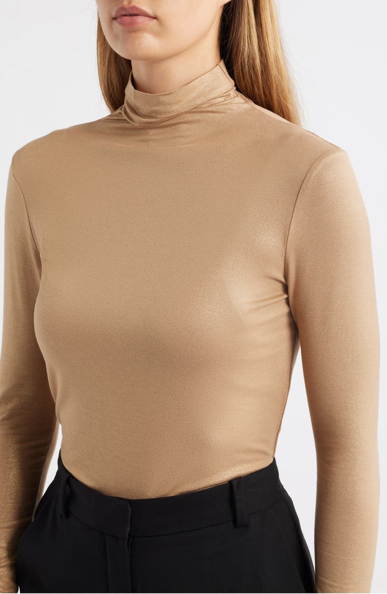 Anne Klein Shimmer Turtleneck Long Sleeve Top, Alternate, color, Light Coffee/ Light Gold