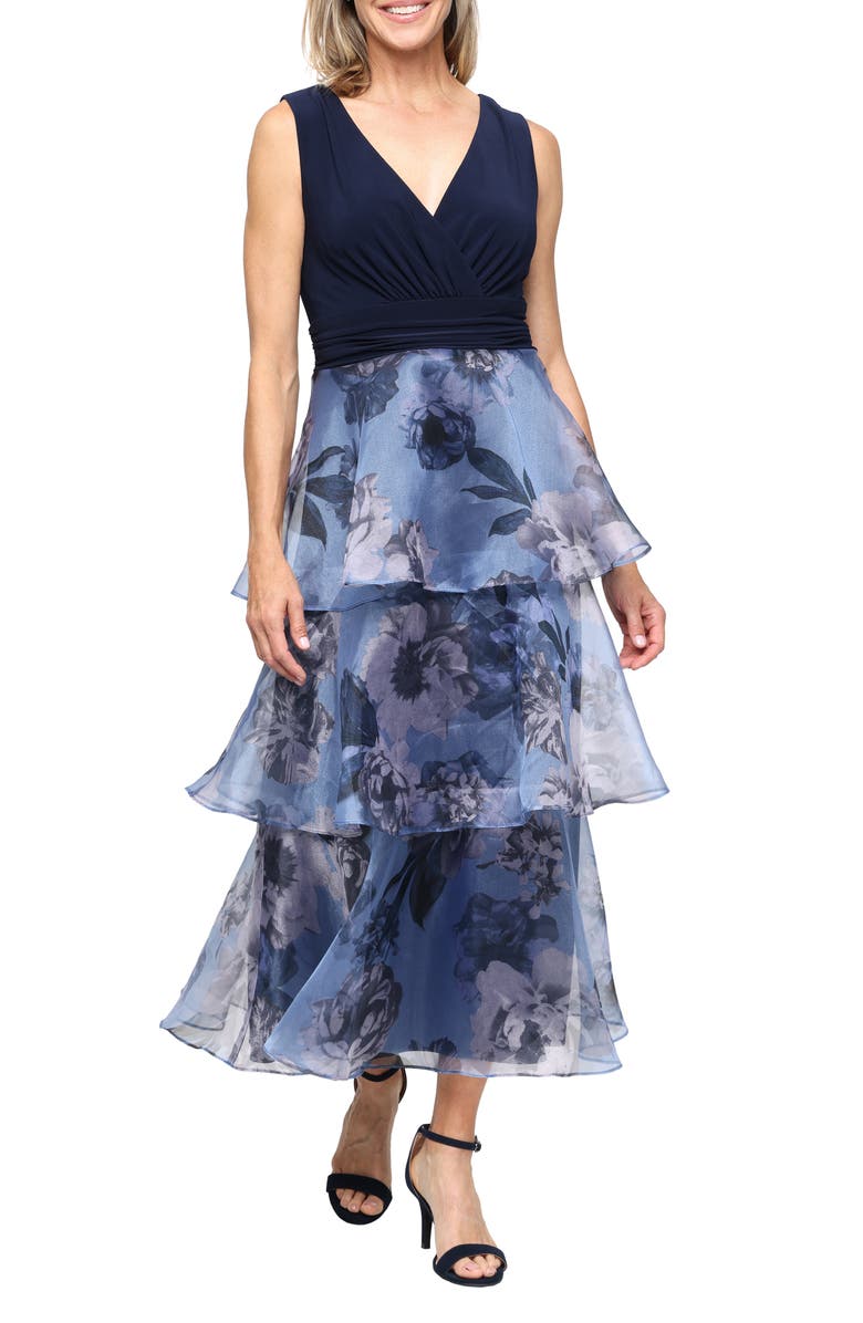 SL FASHIONS Mixed Media Tiered Cocktail Dress, Main, color, Navy Multi