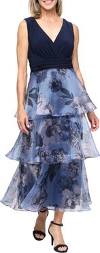 SL FASHIONS Mixed Media Tiered Cocktail Dress