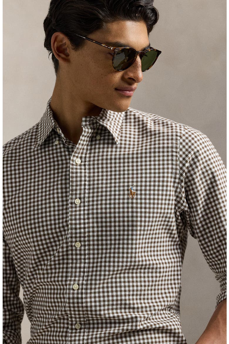Classic Fit CheckShort Sleeve Cotton Button-Down Oxford Shirt, Alternate, color, 4338R PALE RUSSET/ WHITE
