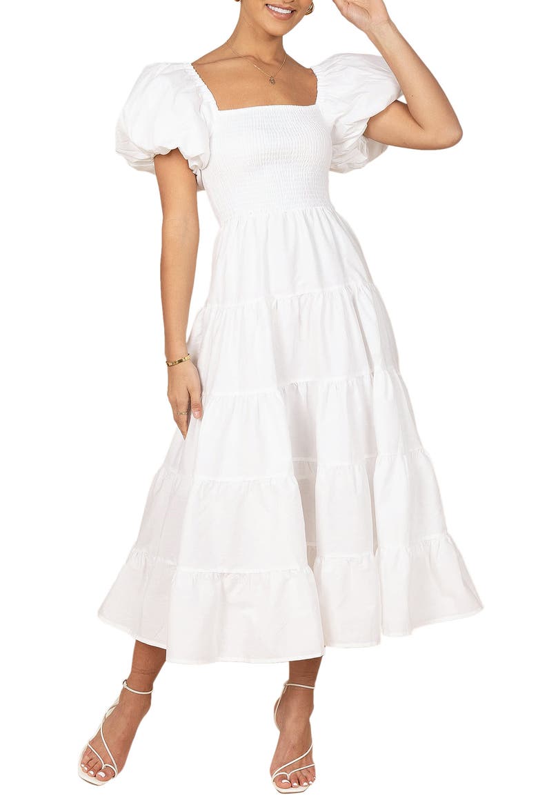 Annette Puff Sleeve Midi A-Line Dress, Main, color, WHITE