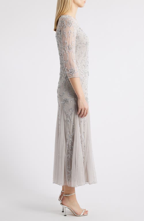 Pisarro Nights Beaded Illusion Neck Gown In Silver