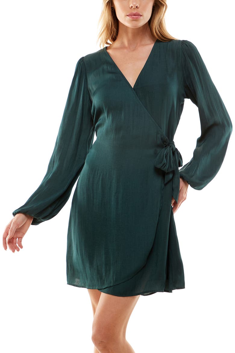 Satin Long Sleeve Wrap Dress, Alternate, color, HUNTER