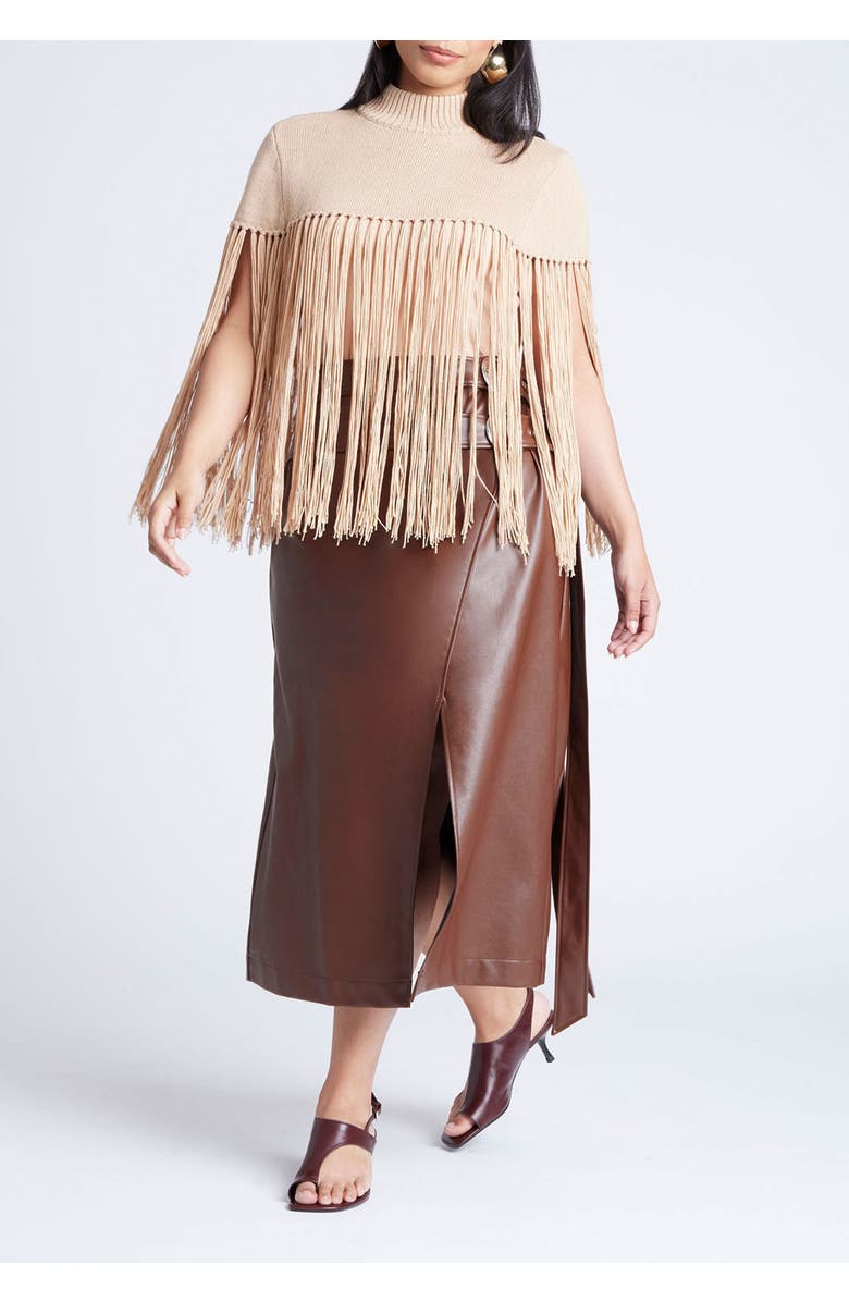 ELOQUII Fringe Half Sweater, Alternate, color, Camel