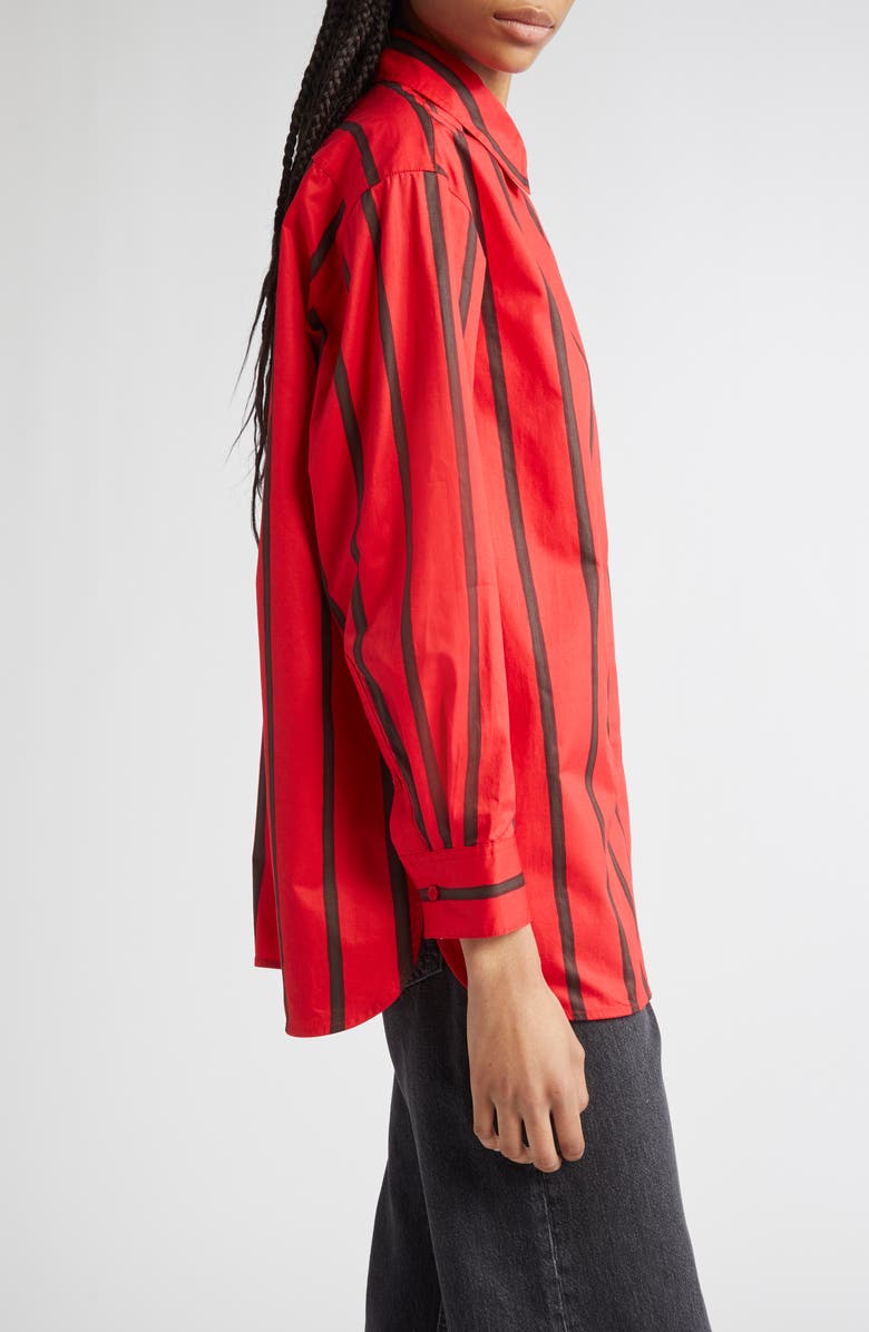Marimekko Ruoste Puhveli Stripe Cotton Button-Up Shirt, Alternate, color, Red, Dark Brown