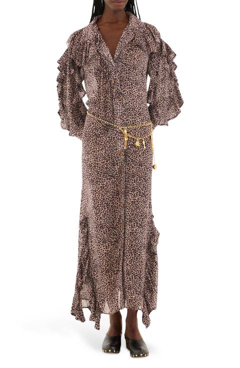 Baby Leopard Ruffle Long Sleeve Maxi Shirtdress