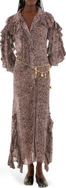 FARM Rio Baby Leopard Ruffle Long Sleeve Maxi Shirtdress