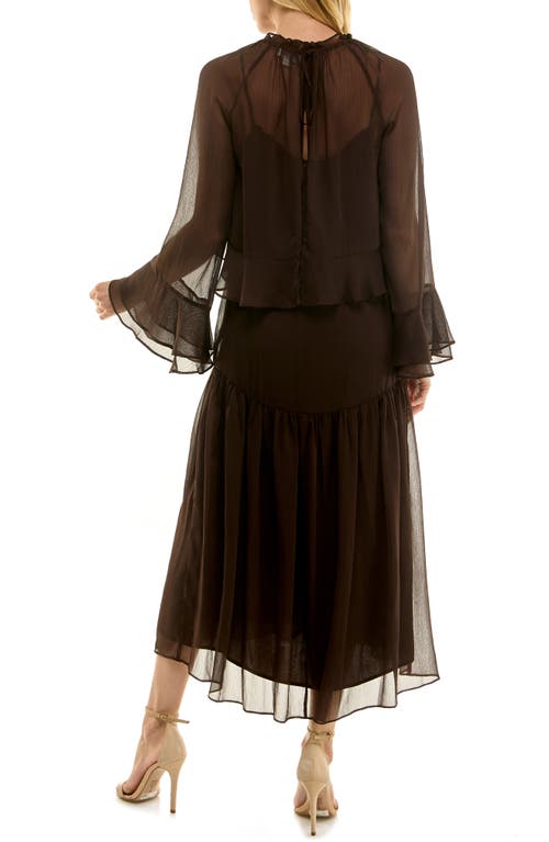 Socialite Chiffon Slipdress & Ruffle Overlay Top Set In Brown