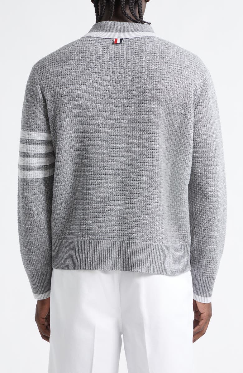 Thom Browne Relaxed 4-Bar Textured Stitch Linen & Cotton Polo Sweater, Alternate, color, Light Grey