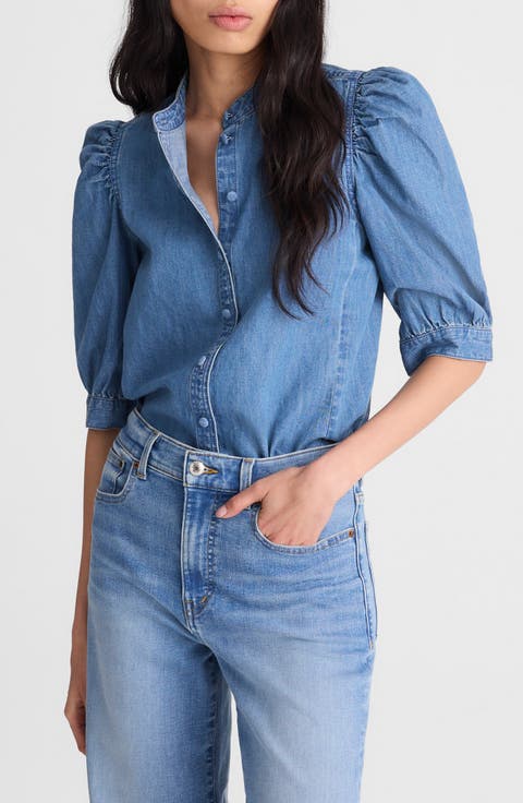 Band Collar Puff Sleeve Denim Button-Up Shirt
