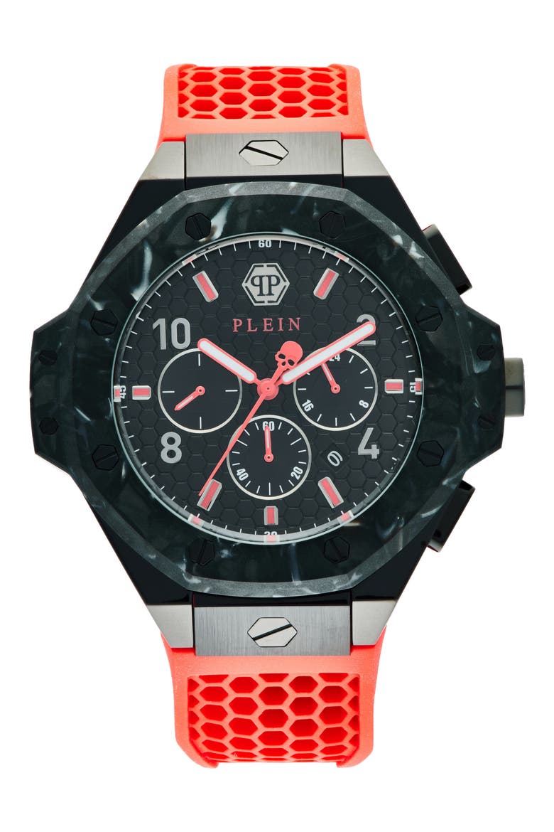 Three Hand Quartz Chronograph Silicone Strap Watch, 46mm, Main, color, IP BLACK