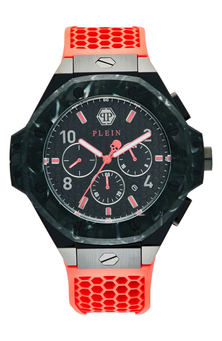 PHILIPP PLEIN Three Hand Quartz Chronograph Silicone Strap Watch, 46mm, Main, color, Ip Black