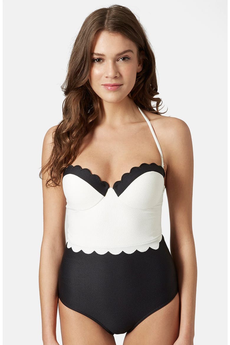 Scalloped One Piece Swimsuit, Main, color, BLACK