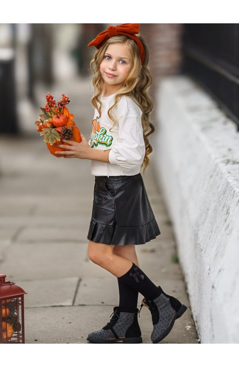 Mia Belle Girls Girls Hello Pumpkin Satin Pleated Skirt Set, Alternate, color, Crème