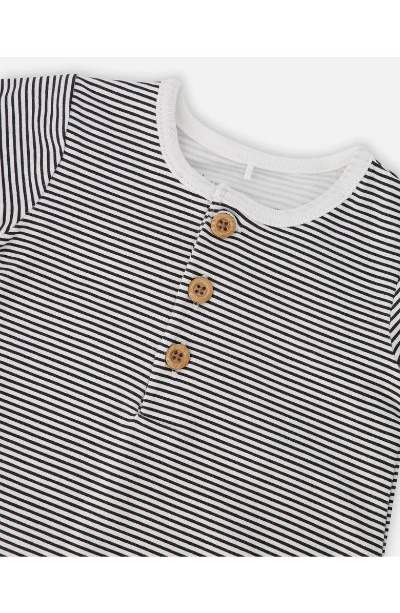 Deux par Deux Cotton Jersey Stripes Short Sleeves Romper, Alternate, color, Black & Off White Stripes